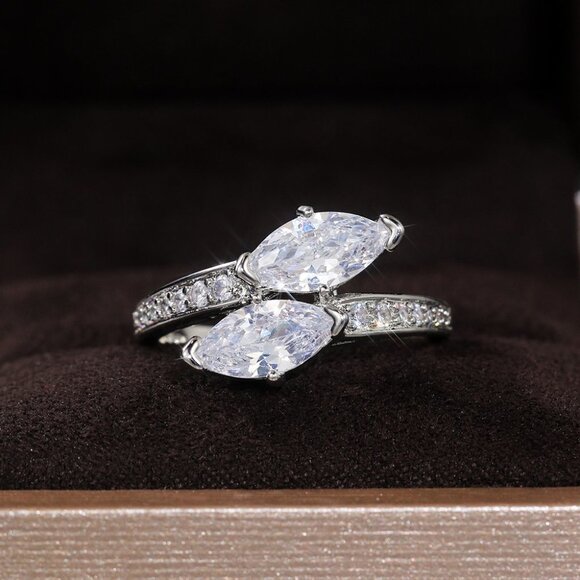 🌸Beautiful Twisted Double Marquis Pure CZ Silver Trendy Fashion Ring, K912 - Picture 7 of 11